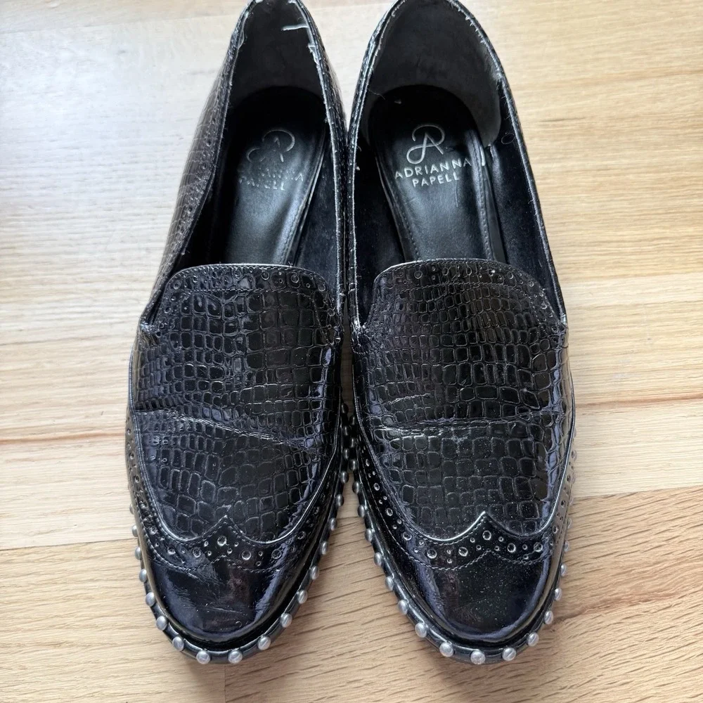 Adriana Papell Paloma Slip On Loafers Black Croc Embossed Leather Sz 8